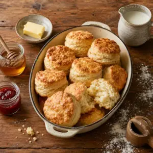 Flaky Southern buttermilk biscuits with butter, honey, strawberry jam and buttermilk on a rustic wooden table.