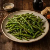 Glossy air fryer green beans seasoned with sesame oil, soy sauce, fresh ginger and red pepper flakes, served on a warm rustic brown wooden table.