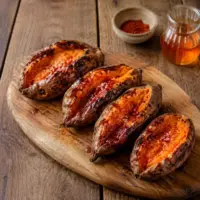 Charred sweet potatoes with smoky paprika honey glaze on a rustic wooden serving board.