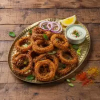 Crispy masala-spiced onion rings with mint-mayo, lemon, mint and red onion on a rustic wooden table.