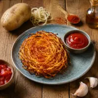 Spicy paprika spiralized potato nest with homemade tomato ketchup on a rustic wooden table.