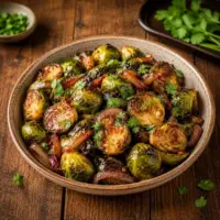 Caramelized air fryer Brussels sprouts and shallots coated in a sticky sweet chilli and balsamic glaze, finished with fresh cilantro on a warm rustic brown wooden table.