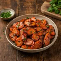 Caramelized air fryer carrots glazed with soy sauce and honey, seasoned with coriander, red chilli flakes and black pepper, finished with fresh parsley on a warm rustic brown wooden table.