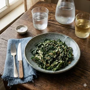 air fryer kale with tahini dressing on a rustic wooden table