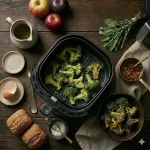 air fryer broccoli with garlic sauce on a rustic wooden table