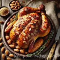 Almond-Crusted Roast Chicken on rustic wooden table
