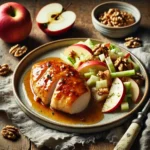 Apple-ginger glazed chicken with Waldorf sauce on rustic wooden table
