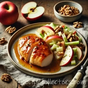 Apple-ginger glazed chicken with Waldorf sauce on rustic wooden table