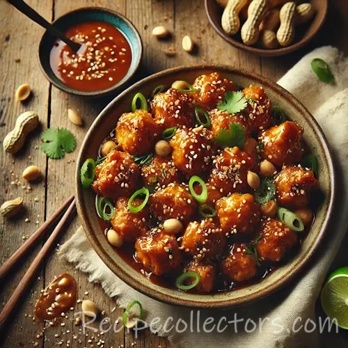 Asian-Inspired Peanut Chicken Bites on rustic wooden table