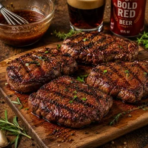 beer marinated steak served on a rustic wooden table with juicy grilled beef and smoky barbecue flavor