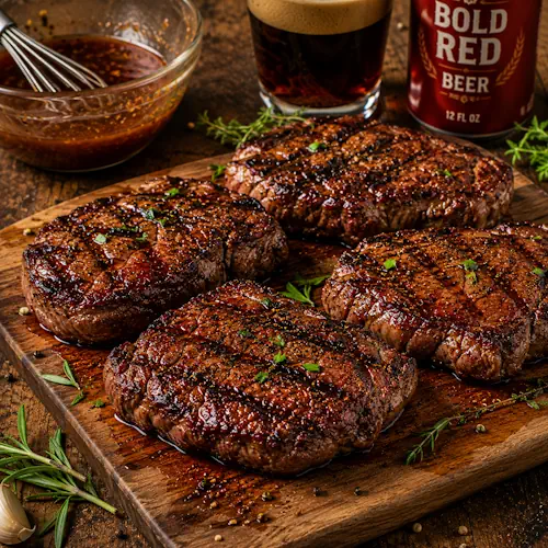 beer marinated steak served on a rustic wooden table with juicy grilled beef and smoky barbecue flavor