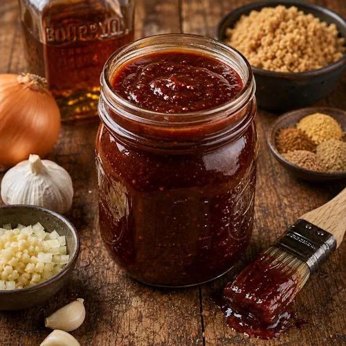 bourbon BBQ sauce served on a rustic wooden table with smoky homemade barbecue sauce