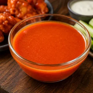 buffalo sauce and homemade Buffalo sauce served on a rustic wooden table in a small bowl
