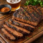 Cajun steak marinade and beer steak marinade served on grilled steaks on a rustic wooden table