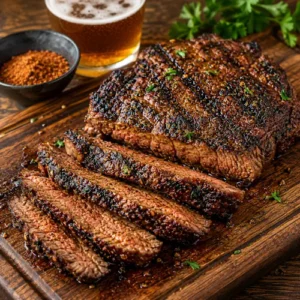Cajun steak marinade and beer steak marinade served on grilled steaks on a rustic wooden table