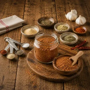 Cajun spice mix served on a rustic wooden table with homemade Cajun seasoning blend