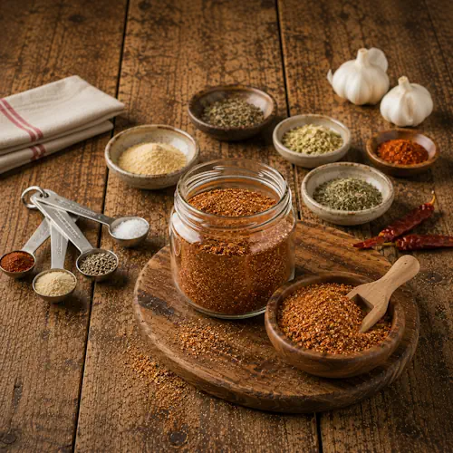 Cajun spice mix served on a rustic wooden table with homemade Cajun seasoning blend