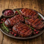 cranberry spice steak served on a rustic wooden table with grilled cranberry marinated steak and herbs