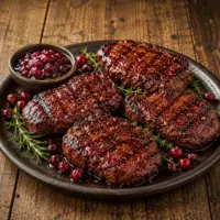 cranberry spice steak served on a rustic wooden table with grilled cranberry marinated steak and herbs