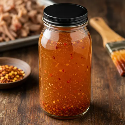 North Carolina vinegar sauce served on a rustic wooden table with tangy Carolina barbecue sauce