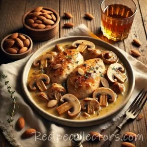 Almond Liqueur Chicken with Mushrooms on rustic wooden table