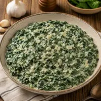 Creamed Spinach in a rich dairy-free garlic cream sauce served in a rustic bowl.
