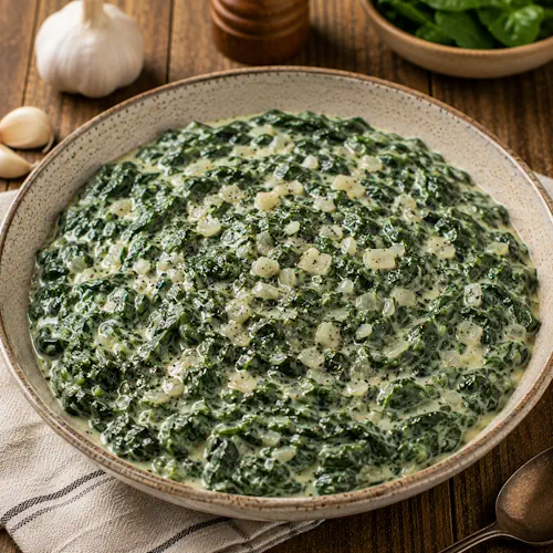 Creamed Spinach in a rich dairy-free garlic cream sauce served in a rustic bowl.