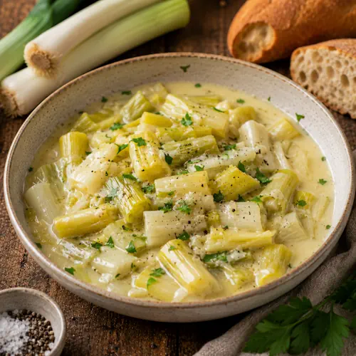 Creamed Spring Leeks served in a rustic bowl with a creamy vegetable sauce and fresh herbs.