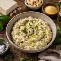 Homemade Tofu Ricotta made with tofu, cashews, nutritional yeast, and basil in a rustic serving bowl.