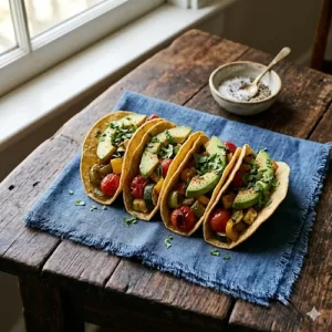 air fryer veggie tacos with roasted vegetables on a rustic wooden table