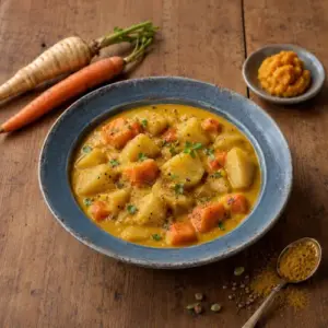 Curried parsnip stew with carrots, potatoes, pumpkin, coconut milk and fresh coriander