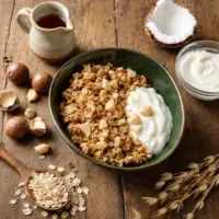 Macadamia yogurt granola with crisp oat clusters, chopped macadamia nuts and vanilla soy yogurt