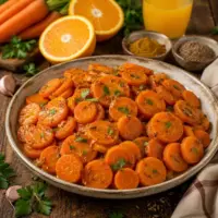 Spiced Orange Carrot Coins glazed with fresh orange juice and warm spices served in a rustic bowl.