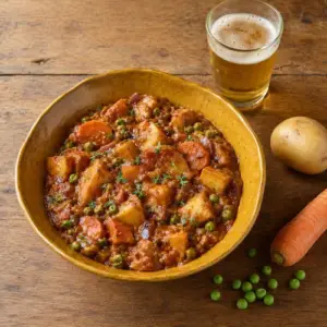Peanut coconut potato stew with carrots, peas and creamy vegan sauce