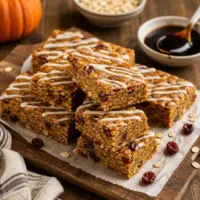 Pumpkin Molasses Power Bars made with pumpkin purée, oats, molasses, and dried cranberries on a rustic wooden board.