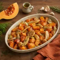 Roasted butternut squash with caramelised fennel, yellow onions and garlic