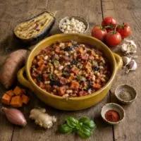 Eggplant bean ragout with sweet potatoes and cannellini beans