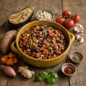 Eggplant bean ragout with sweet potatoes and cannellini beans