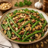 Savory Green Bean Almondine with crisp green beans, mushrooms, toasted almonds, and garlic served in a rustic bowl.