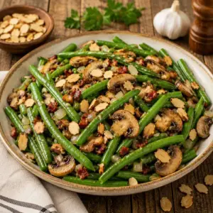 Savory Green Bean Almondine with crisp green beans, mushrooms, toasted almonds, and garlic served in a rustic bowl.