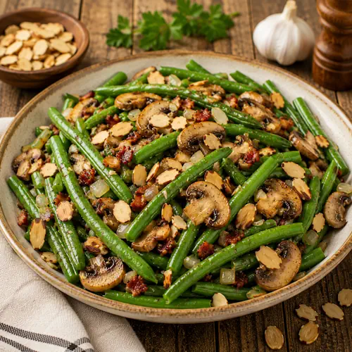Savory Green Bean Almondine with crisp green beans, mushrooms, toasted almonds, and garlic served in a rustic bowl.