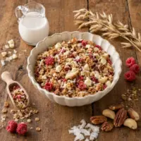 White chocolate raspberry granola with dried raspberries, pecans, coconut and crisp oat clusters