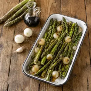 Balsamic roasted asparagus with pearl onions and garlic