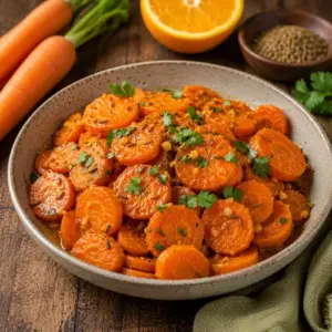 Citrus Spiced Carrot Coins cooked with fresh orange juice, garlic, and warm spices in a rustic serving bowl.
