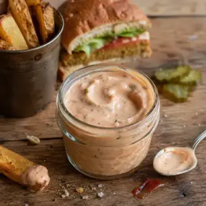 Creamy burger fry sauce made with vegan mayonnaise, ketchup and pickle relish