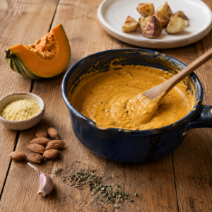 Pumpkin almond sauce served warm with fresh herbs