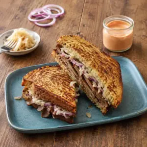 Crispy Monte Cristo Reuben filled with seitan and sauerkraut