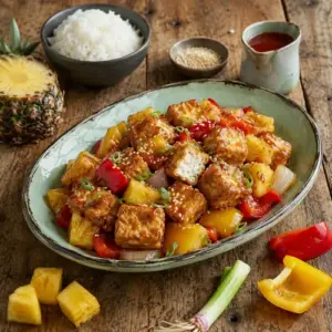 Crispy pineapple tofu with bell peppers, onion and glossy sweet-and-sour sauce