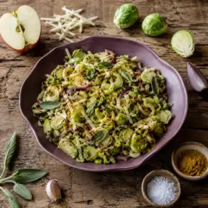 Curried apple Brussels sprouts with shredded tart apples, red onion and sage