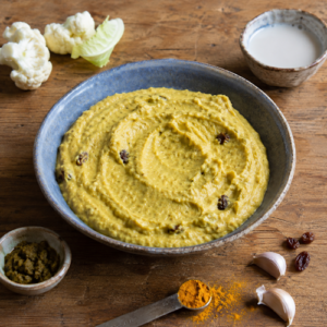 Curry cauliflower purée served as a creamy vegan side dish